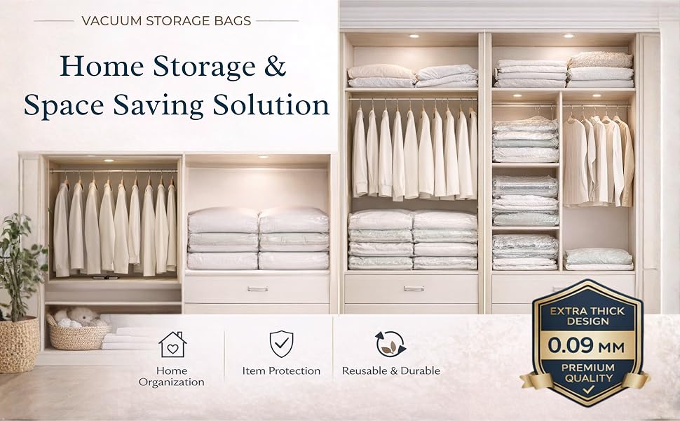 Vacuum storage bags organizing bedding and clothing inside a modern wardrobe closet