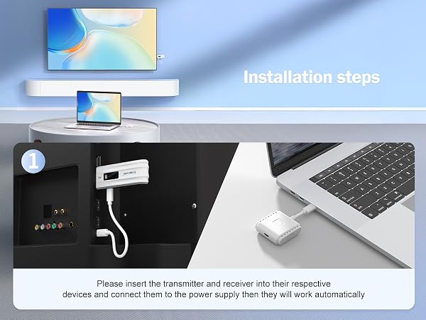 Multi-panel image showing installation steps for a device. Includes laptop, smartphone, and USB hub with text 'Installation steps' visible.