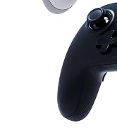 Close-up of a black gaming controller with textured grip, analog stick, and directional pad visible against a white background.
