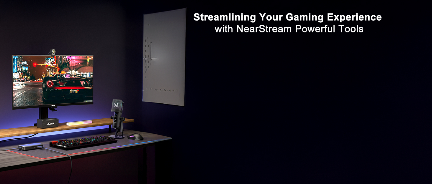 Text reads 'Streamlining Your Gaming Experience with NextSense Display Tools'. Dark-themed gaming setup images with LED lighting and monitors.