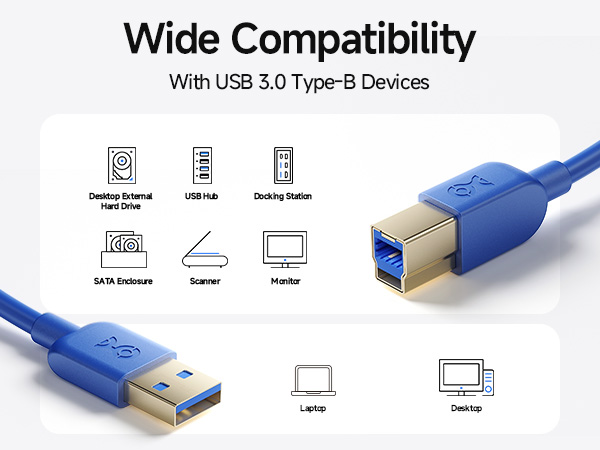 superspeed usb 3.0 cable for external hard drives, docking stations, and scanners