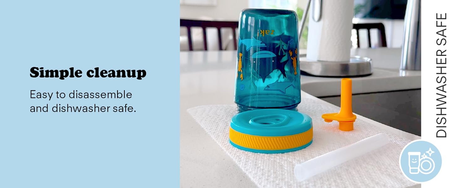 Photo of disassembled Kelso tumbler with text calling out easy-clean dishwasher safe feature