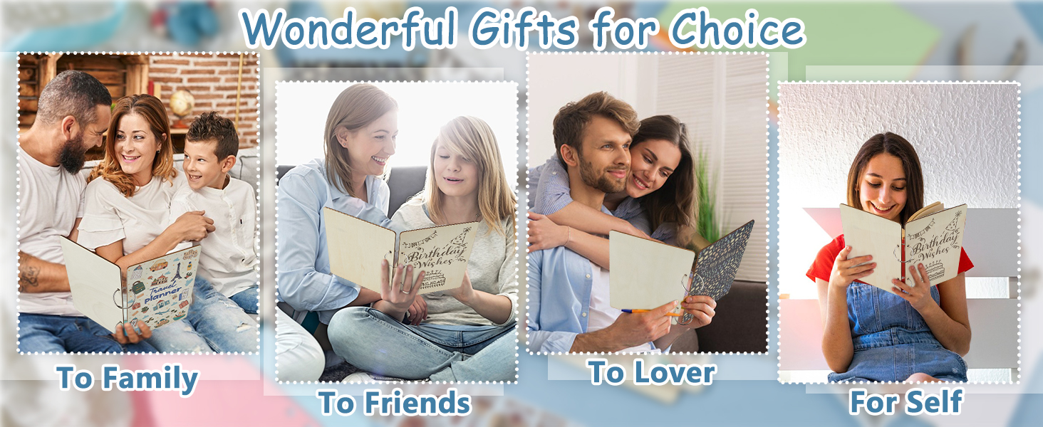 Collage of four images showing people reading books in different social contexts: family, friends, couple, and individual, labeled as gift suggestions for various recipients.