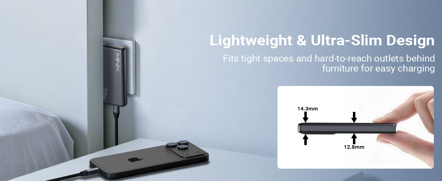 Text reads 'Lightweight & Ultra-Slim Design' with subtext about portability and cable management. Image shows thin black monitor stand with hand demonstrating height adjustment.