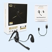 G2 bone conduction headset with USB cable. Package includes user manual and product box featuring device image on black background.