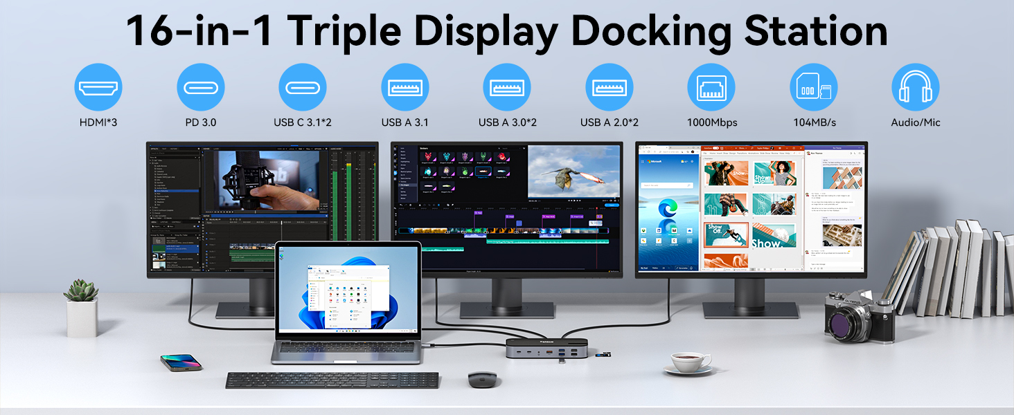 Laptop Docking Station 3 HDMI Docking Station 3 Monitor Triple 4K Display Docking Station