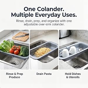 Expandable over-sink colander used for produce prep, draining pasta, and dishes.