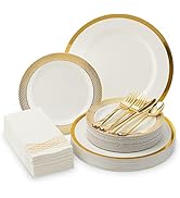 Heavyweight Elegant Disposable Dinnerware Set - Gold Fancy Plastic Dinnerware Sets with Plates, C...