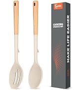 Large Silicone Slotted Spoon&Spoon with Wooden Handle for Nonstick Cookware,Kitchen Cooking Spoon...
