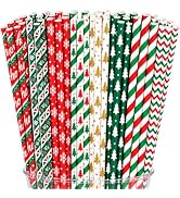 Haundry 100 Christmas Paper Straws, 8 Styles Red Green White Gold Biodegradable Party Drinking St...