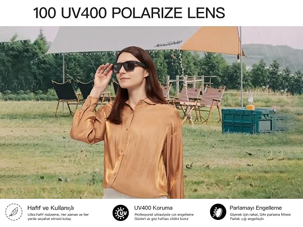 Outdoor scene featuring UV400 polarized sunglasses with protective lens specifications shown at bottom.