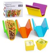 Colorful Taco Holder Set – Set of 6 with 2 Sauce Cups, Connectable & Stackable Plastic Taco Stand...
