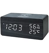 Everwood Wooden Digital Alarm Clock with Wireless Charger, Temperature, Humidity Led Display for ...