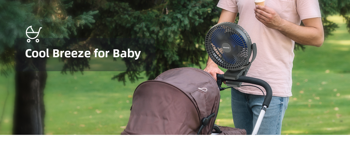 Portable fan mounted on stroller in outdoor setting, labeled as 'Cool Breeze for Baby'. Fan appears to be adjustable and battery-powered.