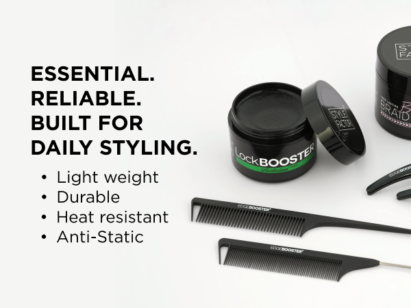 EDGE BOOSTER combs with Lock Booster pomade and styling clips for daily salon use