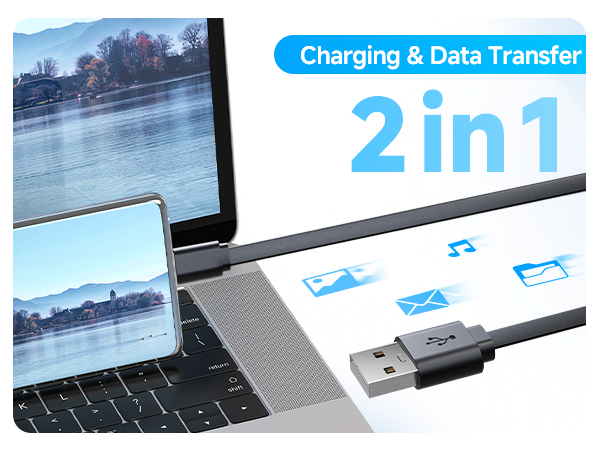 Text reads "Charging & Data Transfer 2in1". Image shows laptop with USB cable connector illustration demonstrating dual functionality.