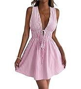 Inroserm Women's Summer Beach Striped Swimsuit Cover Up Vacation Deep V Neck Backless Mini Dress