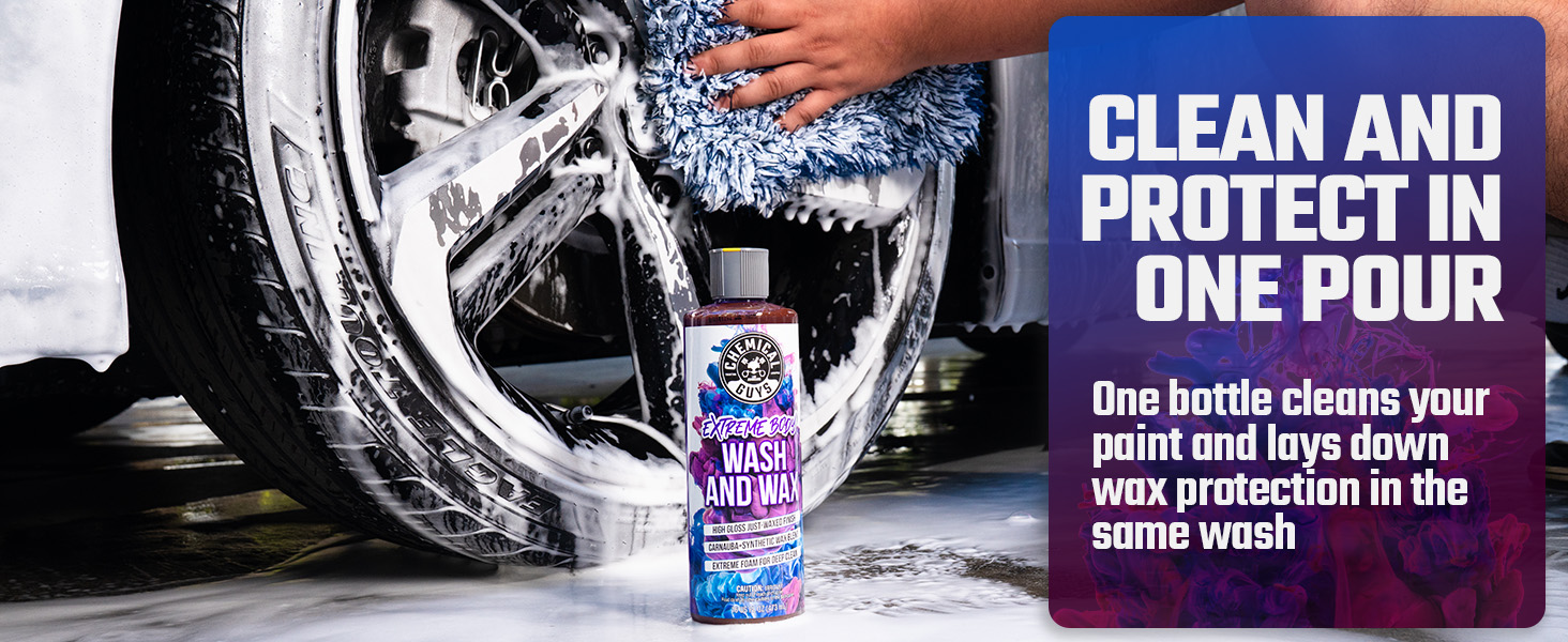 Car wash soap blended with wax to clean paint and add gloss in a single wash step.