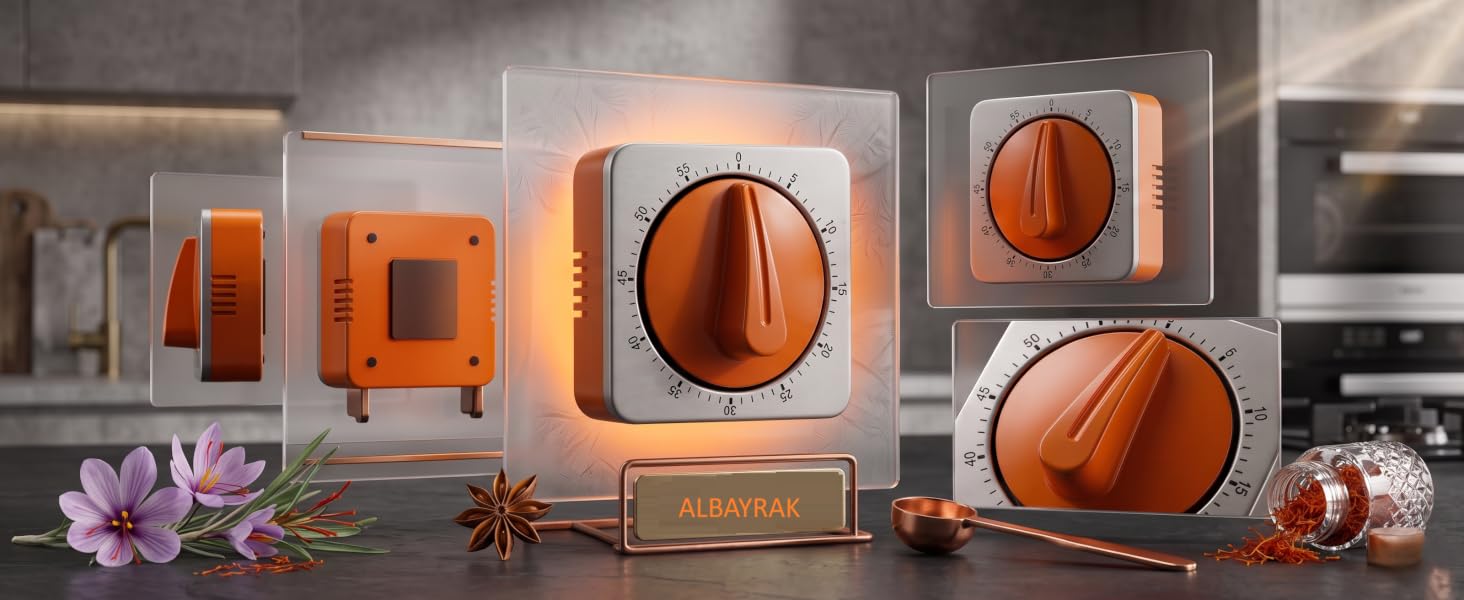 ALBAYRAK orange mechanical kitchen timer shown from multiple angles on a modern countertop