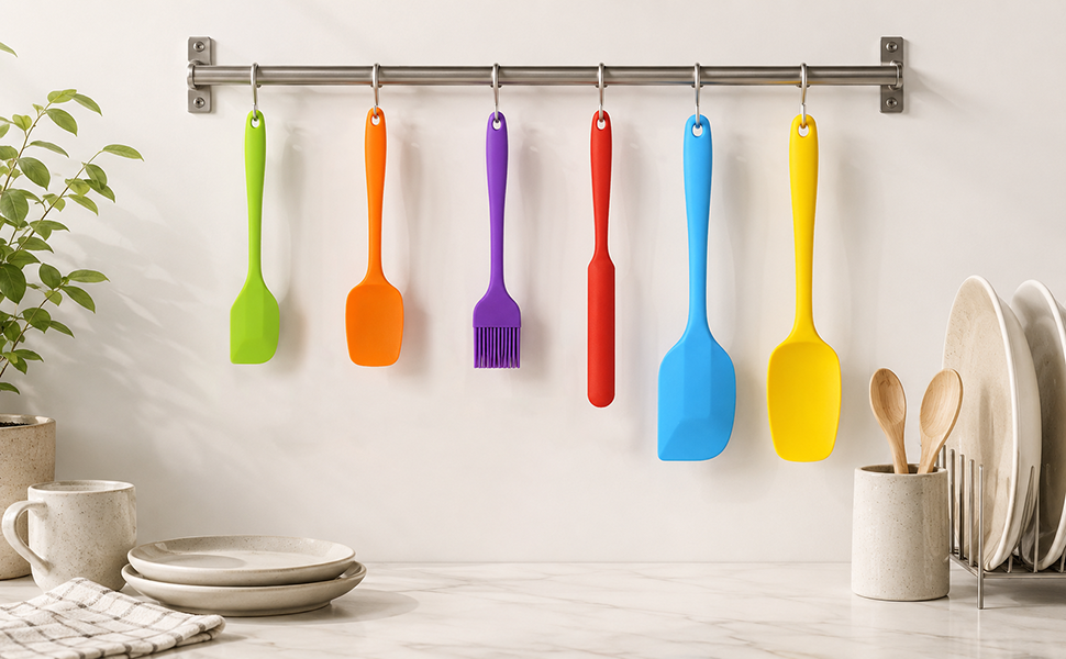 colorful silicone kitchen utensils hanging on wall rack