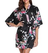 Vlazom Womens Kimono Robes Dressing Gown Satin Bathrobe Nightdress Short Style Bridal Robe
