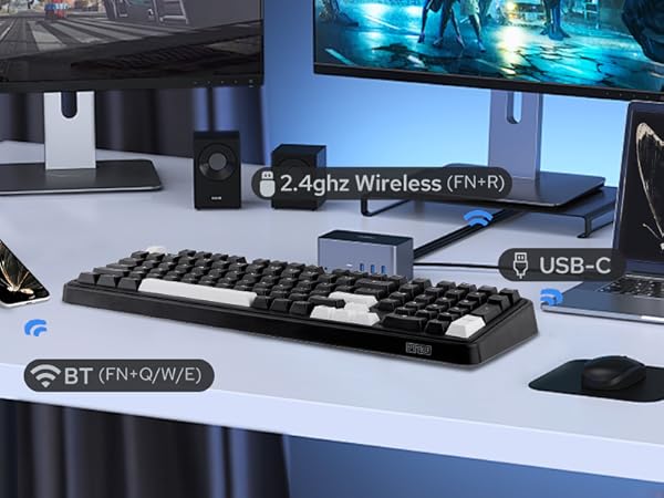 a desk with a keyboard, mouse, and other accessories.