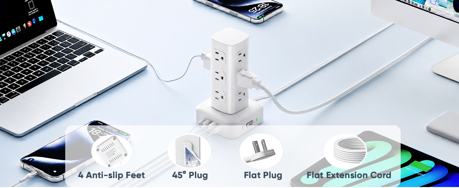 16-in-1 Power Strip Tower with 4 Anti-Slip Feet, 45° Flat Plug and 6FT Flat Extension Cord