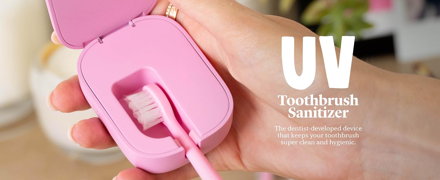 A hand using a UV toothbrush sanitizer, with text highlighting its effectiveness.