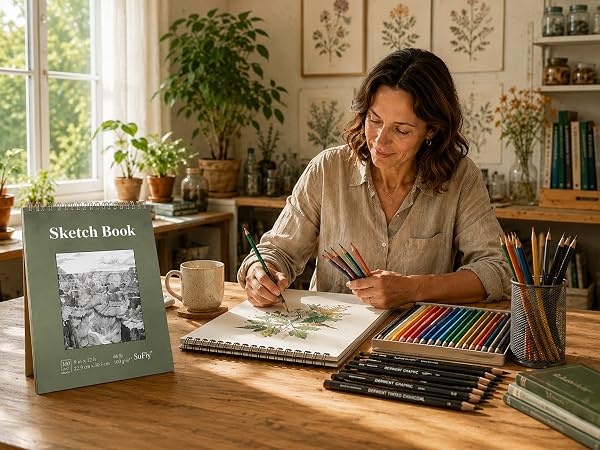 An adult creator uses a SuFly sketchbook for colored-pencil and dry media drawing in a home studio.