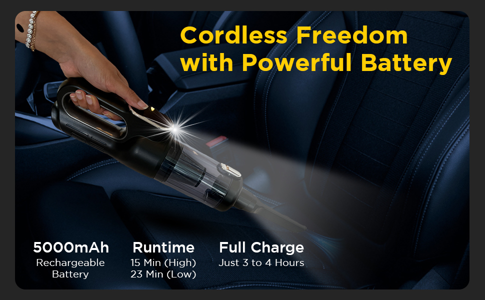 Portable cordless Luminoire vacuum shown in use inside car with powerful 5000mAh battery fast charge