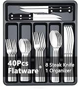 BEWOS 49-Piece Silverware Set with Organizer - Stainless Steel Silverware Set for 8 with Steak Kn...