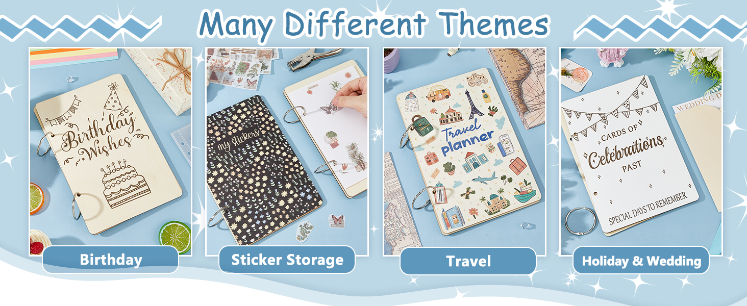 Four themed planner or journal covers displayed: Birthday, Sticker Storage, Travel, and Holiday & Wedding. Each cover features distinct designs related to its theme.