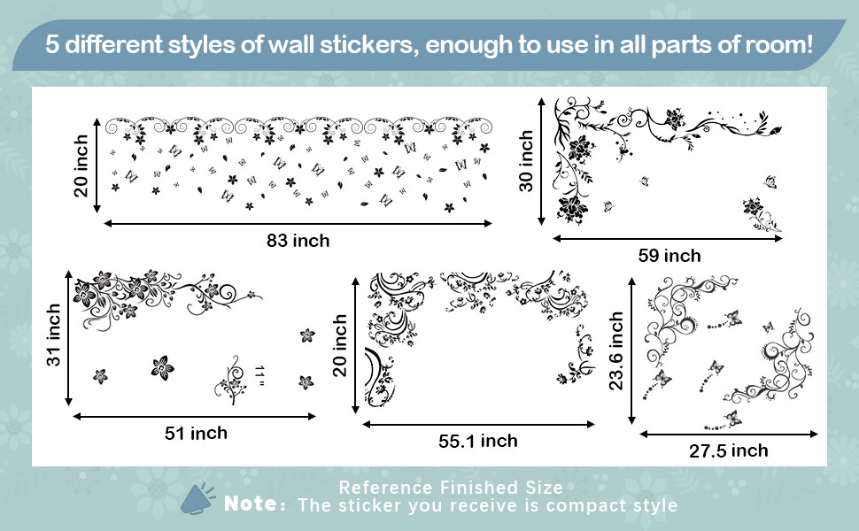 Flowers Vine Wall Decals Black Flowers Wall Stickers Butterfly Wall Decor