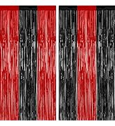 2 Pack Backdrop Curtains, 3.28 FT x 7.05 FT Black and Red Party Decor, Metallic Party Streamer Ti...