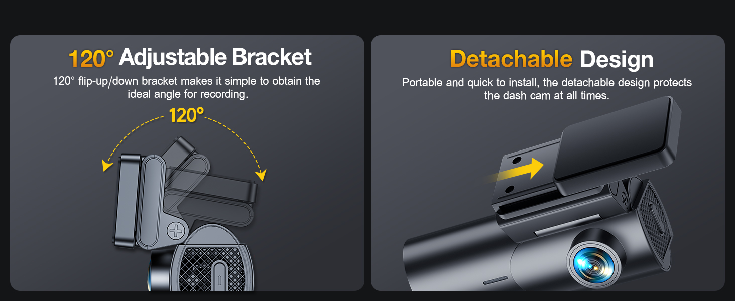 Technical diagram showing adjustable mounting bracket with 120-degree range of motion and detachable design feature for device installation.