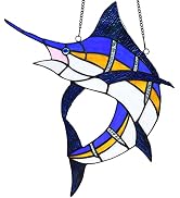 BIEYE W10081 Blue Atlantic Sailfish Tiffany Style Stained Glass Window Panel Hangings, 14.75