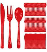 FALIZIFU 150 pcs Red Plastic Cutlery Set Disposable Red Heavy Duty Plastic Knives Forks and Spoon...