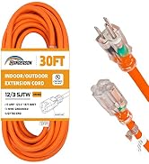 HONDERSON 30FT 12/3 Lighted Outdoor Extension Cord - 12 Gauge 3 Prong SJTW Heavy Duty Orange Exte...