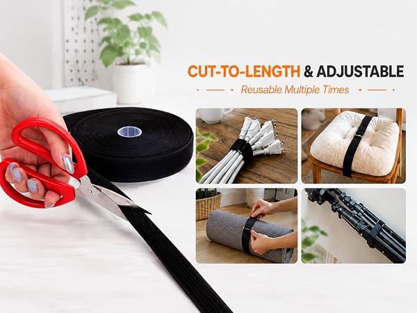 Cut-to-length adjustable hook and loop strap, multi-scene usage banner