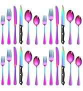 Rainbow Silverware Set For 4 With Steak Knives Stainless Steel Flatware 24 Piece Colorful Tablewa...