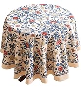 patdrea Designer Blue Tablecloth for Round Tables,Vintage Linen with Leaves and Flowers Pattern T...
