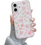 QLTYPRI for iPhone 16 Case, Cute Pink Floral Flower Pattern Aesthetic Phone Case, Raised Camera P...