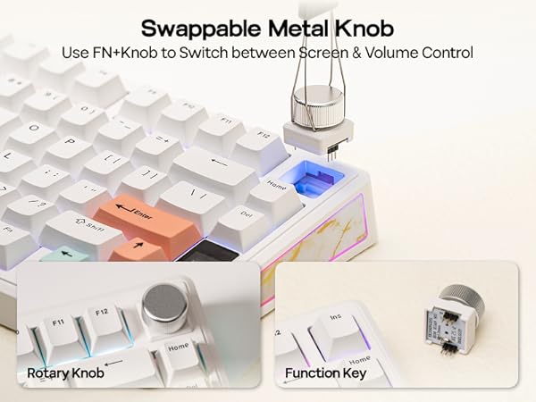 Text reads 'Swappable Metal Knob' and 'Use FN to Switch between Screen & Volume Control'. Shows keyboard components with metallic knob control interface.