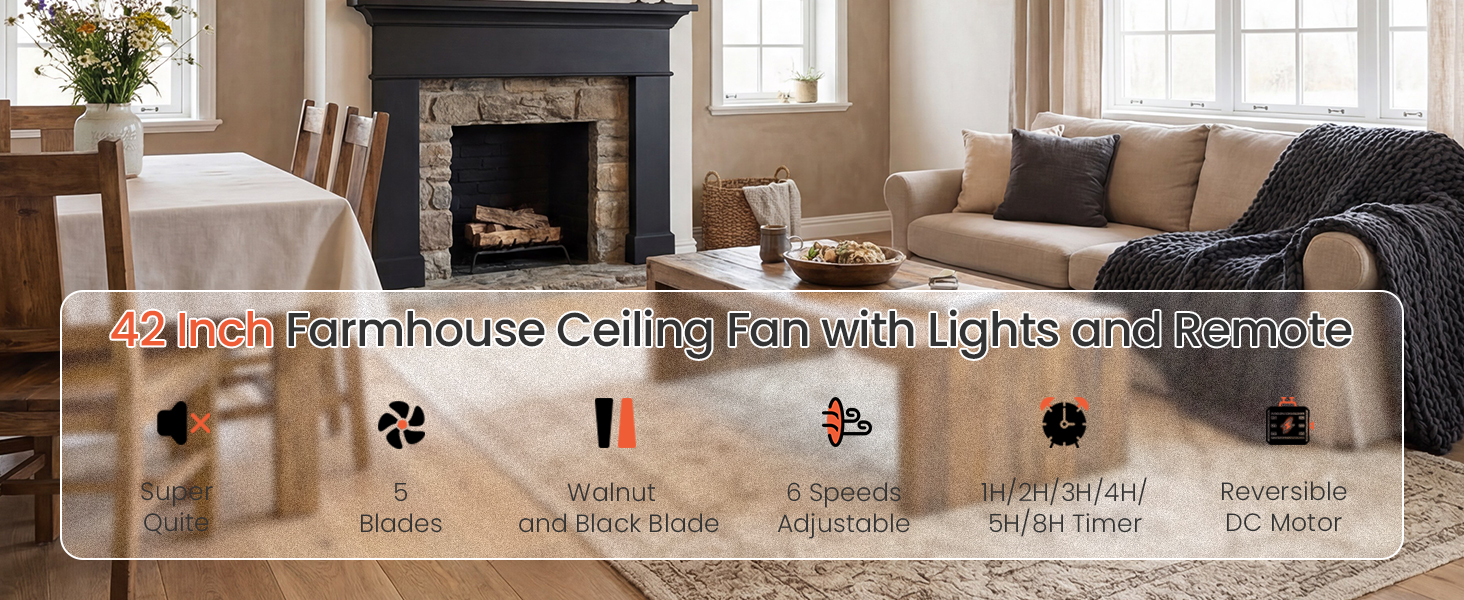 52 Inch Farmhouse Ceiling Fans with Lights and Remote Control