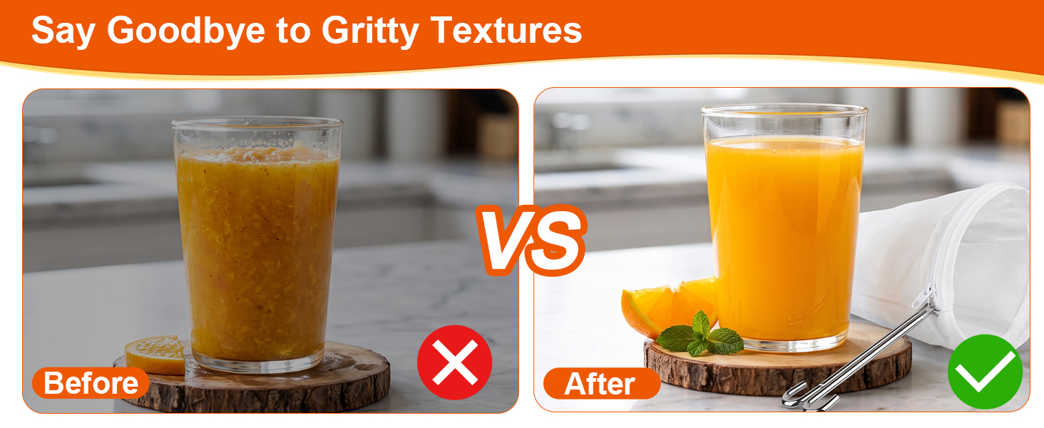 Before vs after orange juice filtration effect with reusable mesh filter bag