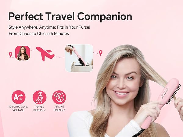 Text reads 'Perfect Travel Companion' 'Style Anywhere, Anytime: Fits in Your Purse!' 'From Chaos to Chic in 5 Minutes'. Pink-themed product advertisement layout with styling tools.