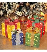 Set of 4 Christmas Lighted Gift Boxes Decorations, Pre-lit Tinsel Present Box with Bowknot(Red Gr...