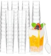 Zezzxu 3 oz Mini Dessert Cups with Spoons, 100 Pack Plastic Square Shooter Cups for Serving Party...