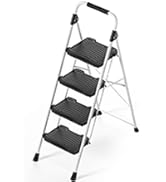 Four-step folding ladder with non-slip treads, lightweight metal frame, and safety handrails in silver finish.