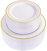 WDF 120 pieces Gold Disposable Plastic Plates - White and Gold Plates Include 10.25" Dinner Plate...